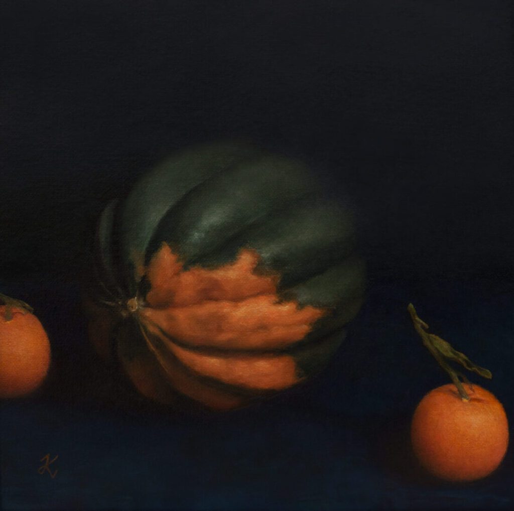 A painting of two oranges and a watermelon.