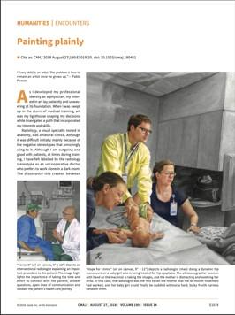 A painting of people in an office setting.