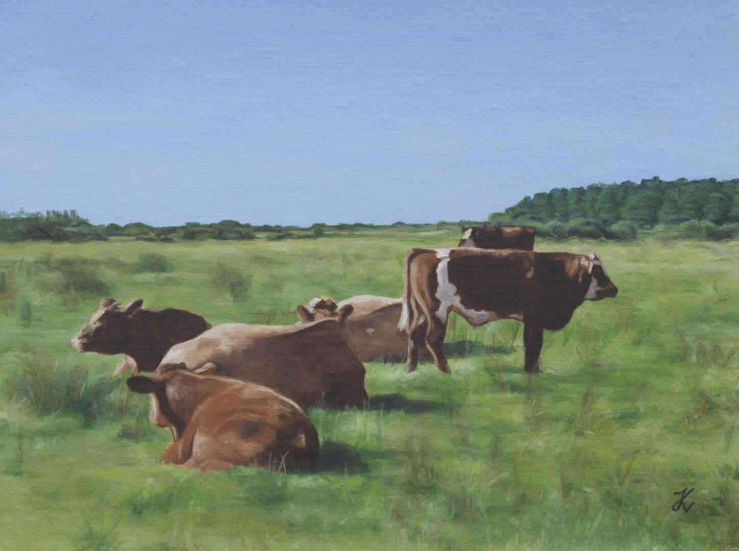 A painting of cows in the grass