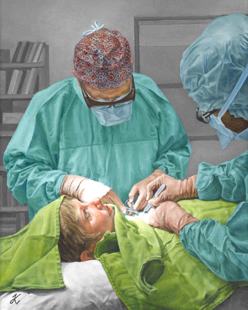 A doctor and nurse performing surgery on a child.