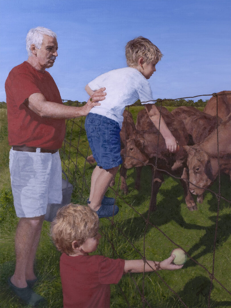 A painting of two boys and an adult man with a cow.